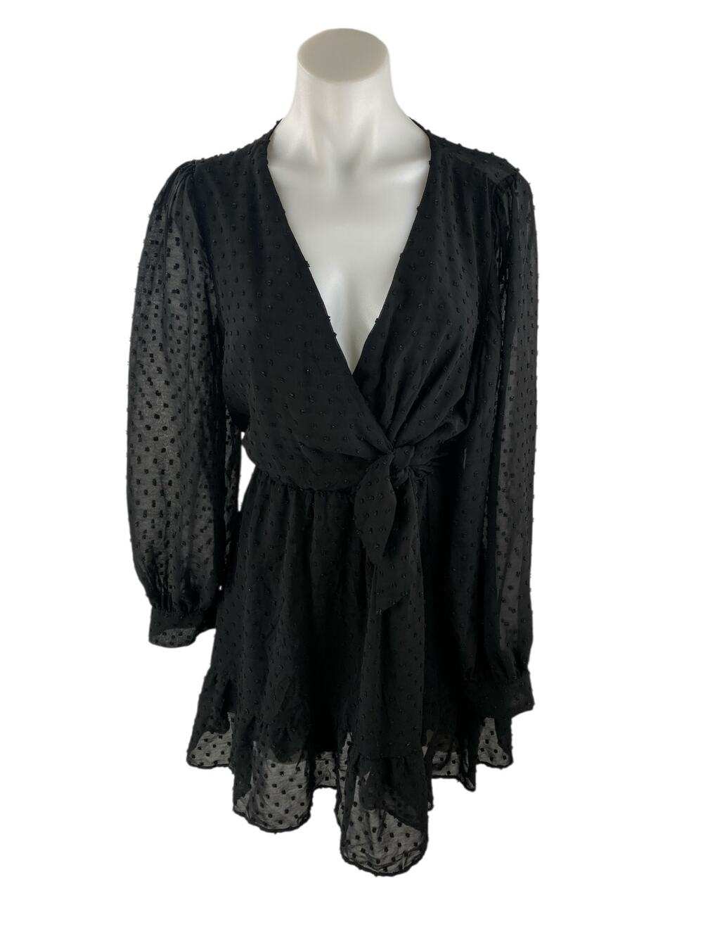 Zara Women's Black Swiss Dot Sheer V Neck Long Sleeve Mini A-Line Wrap Dress S